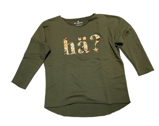 Be Famous  BFW2067-30-2 Raw Edge Crew Neck Sweatshirt khaki Glanz Leo-Print: HÄ?