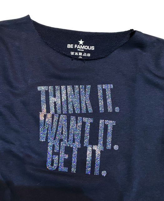 Be Famous  BFW2067-5-2 Raw Edge Crew Neck Sweatshirt navy GlitterPrint: THIWAGE