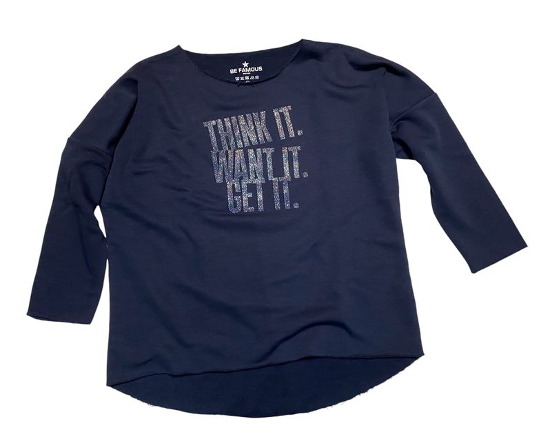 Be Famous  BFW2067-5-2 Raw Edge Crew Neck Sweatshirt navy GlitterPrint: THIWAGE