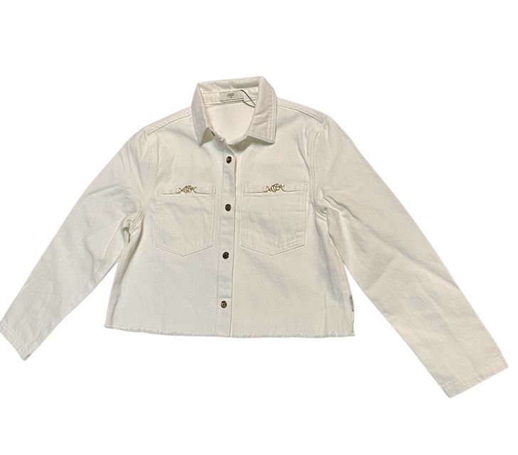 Vorderseite: Le Temps des Cerises Damen Jeansjacke weiß Denim kurz goldfarbige Druckknöpfe VES F MANUELA 