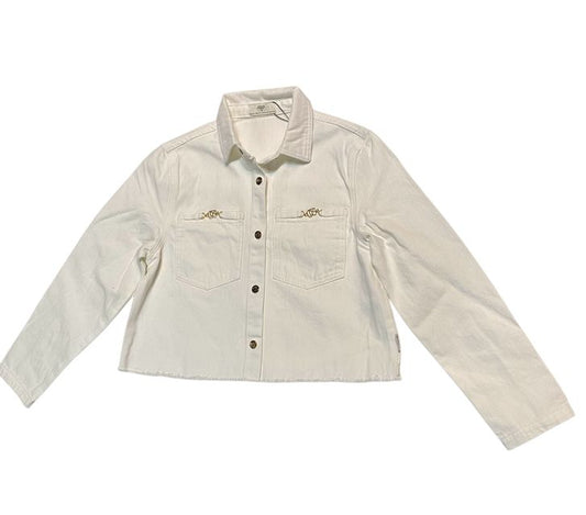 Vorderseite: Le Temps des Cerises Damen Jeansjacke weiß Denim kurz goldfarbige Druckknöpfe VES F MANUELA 